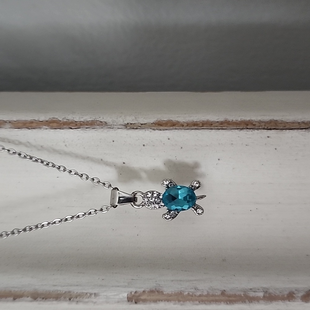 “Just Keep Swimming” Blue Turtle Diamond 925 Sterling Silver Gift Cute Necklace
